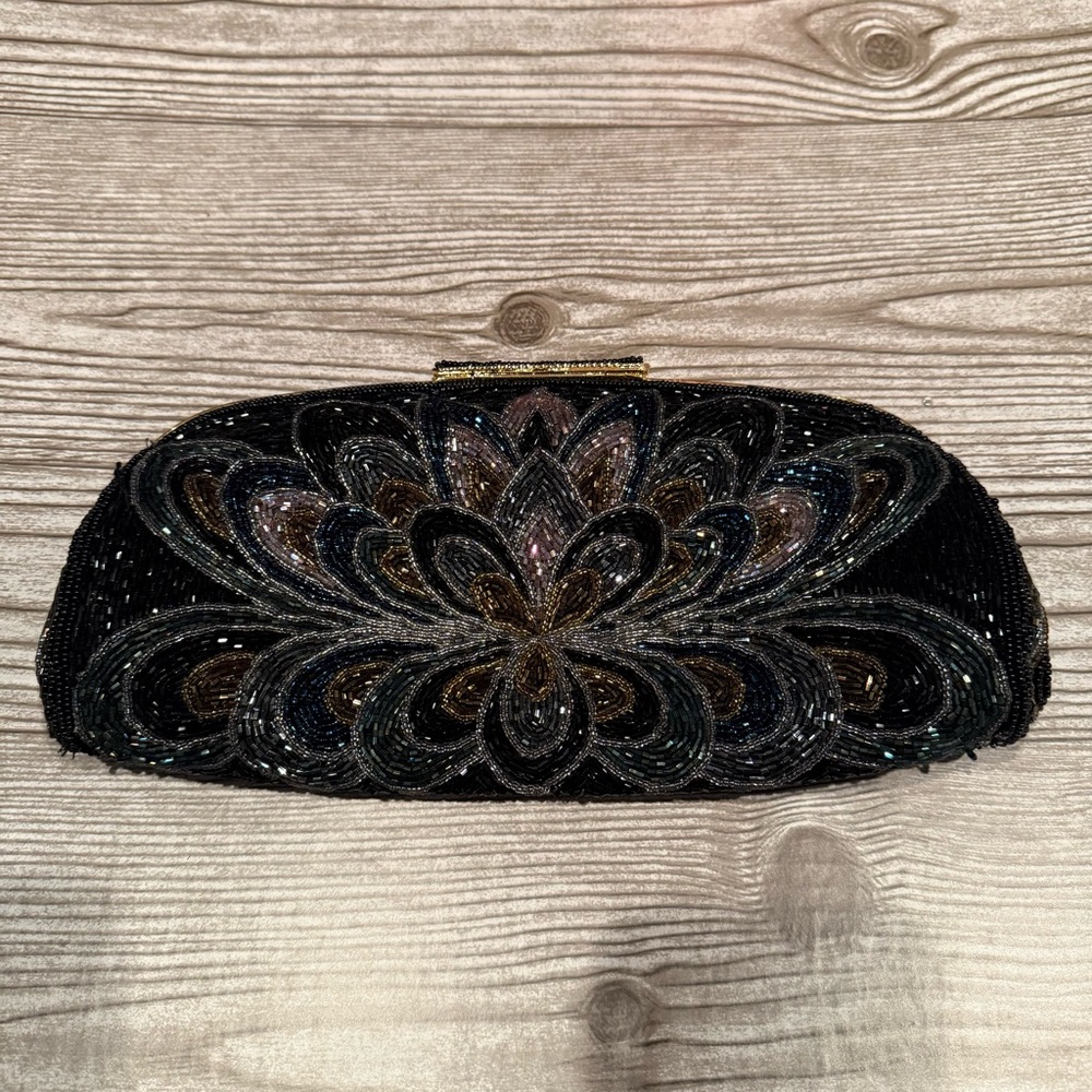 Vintage Black Beaded Evening Clutch Gold Frame Floral Art Deco Bag